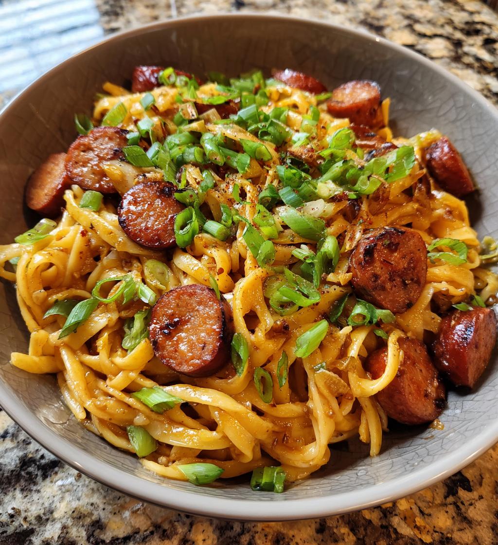sticky honey garlic sausage pasta skillet