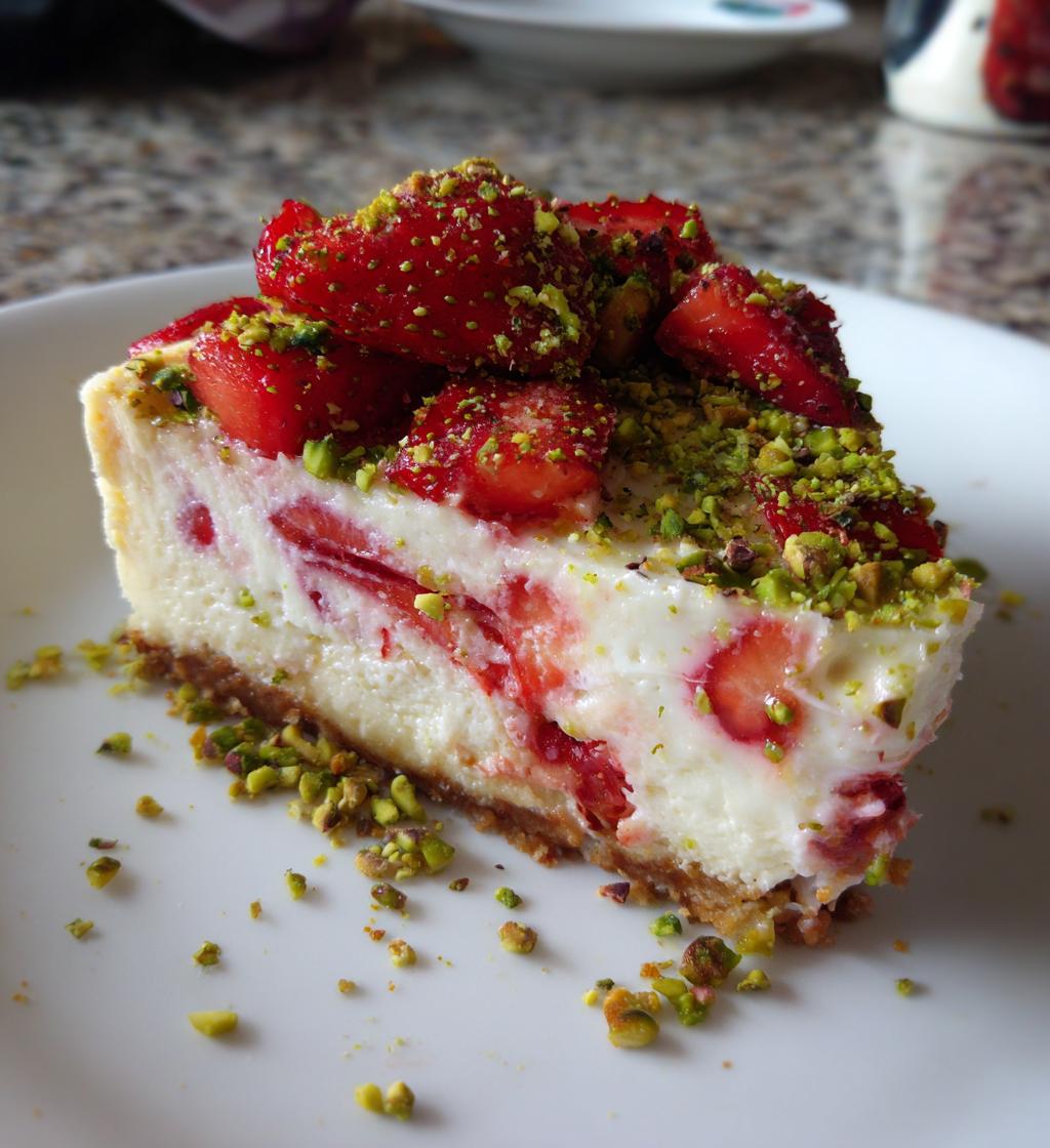 strawberry pistachio cheesecake - detail 1