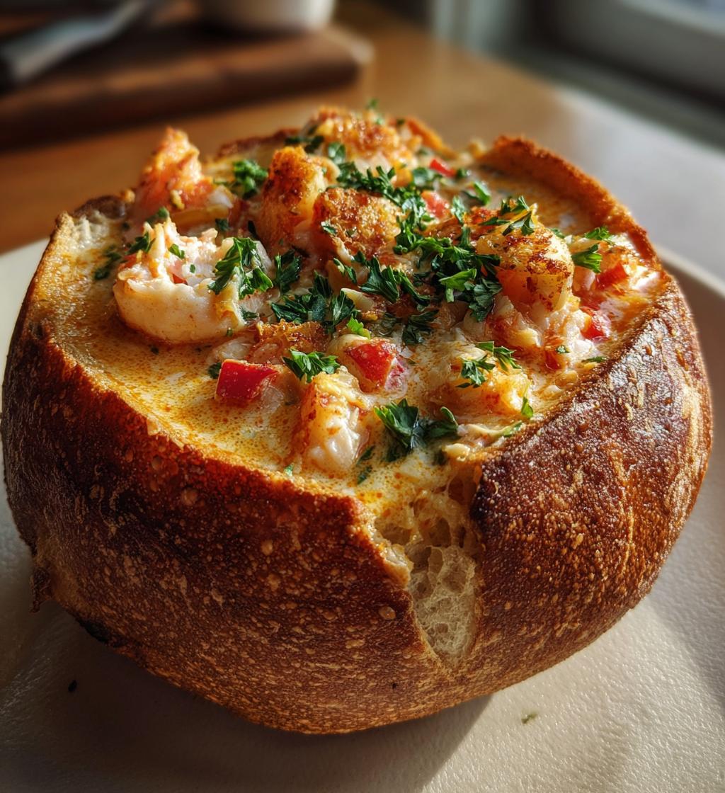 stuffed seafood soup bread bowl - detail 1