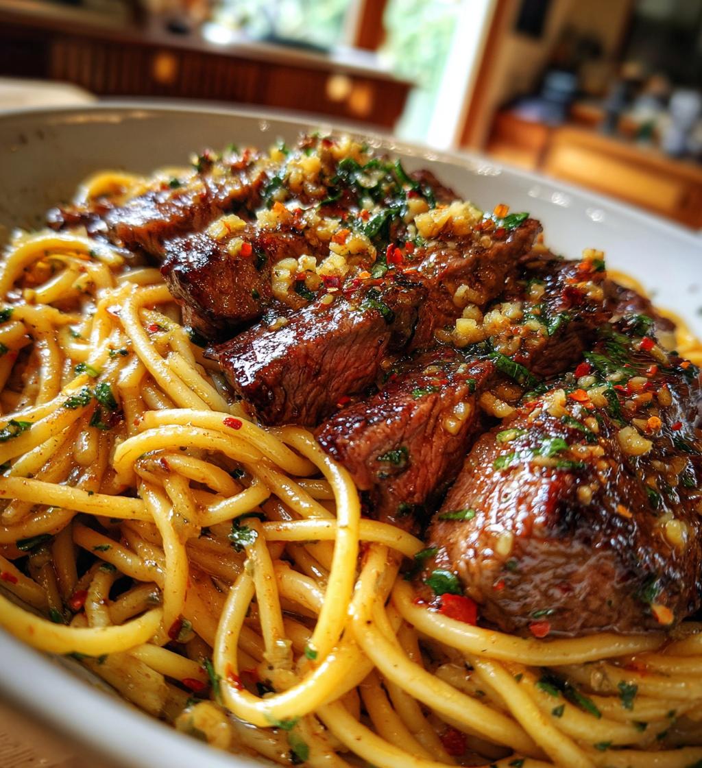 sweet spicy garlic steak pasta - detail 1