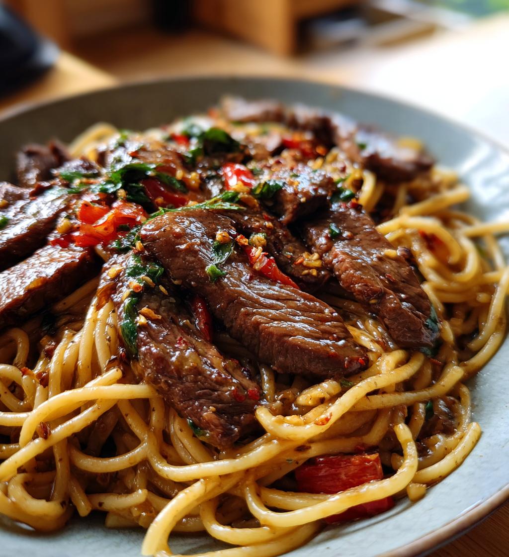 sweet spicy garlic steak pasta