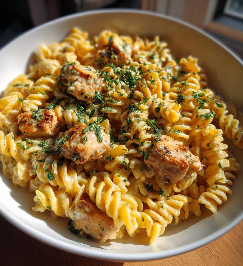 twisted pasta with honey garlic chicken and parmesan cream - detail 1