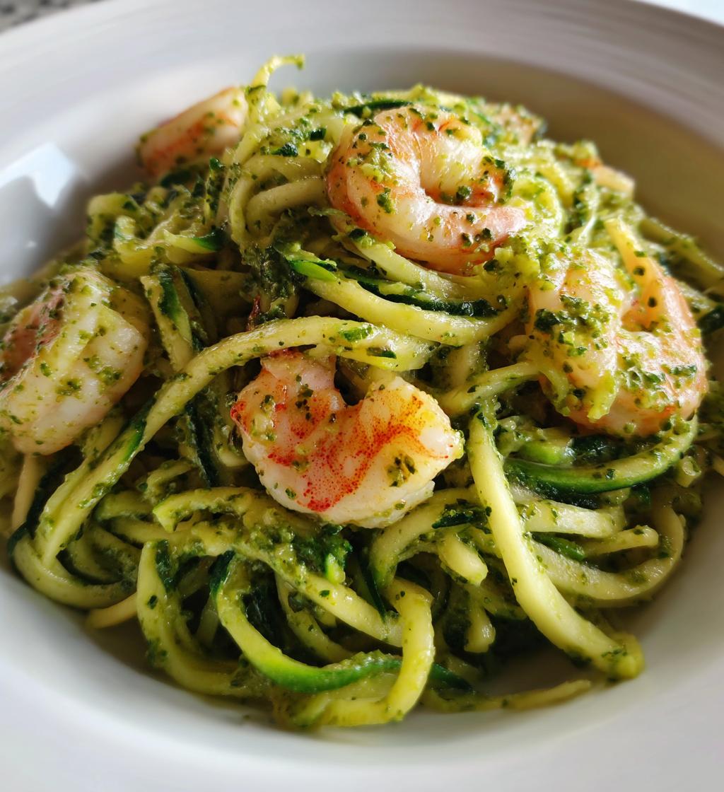 zucchini noodles with pesto and shrimp - detail 1