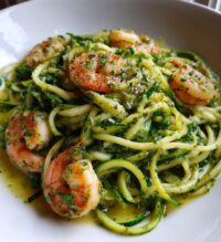 zucchini noodles with pesto and shrimp