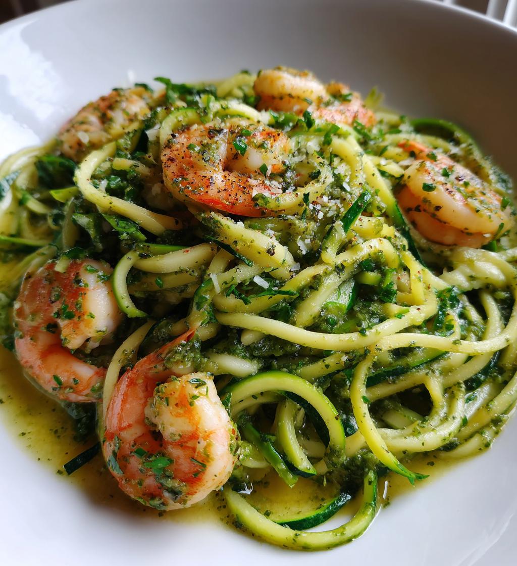 zucchini noodles with pesto and shrimp