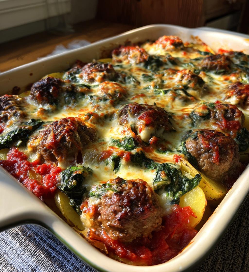 cheesy spinach meatball potato bake - detail 1