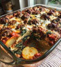 cheesy spinach meatball potato bake