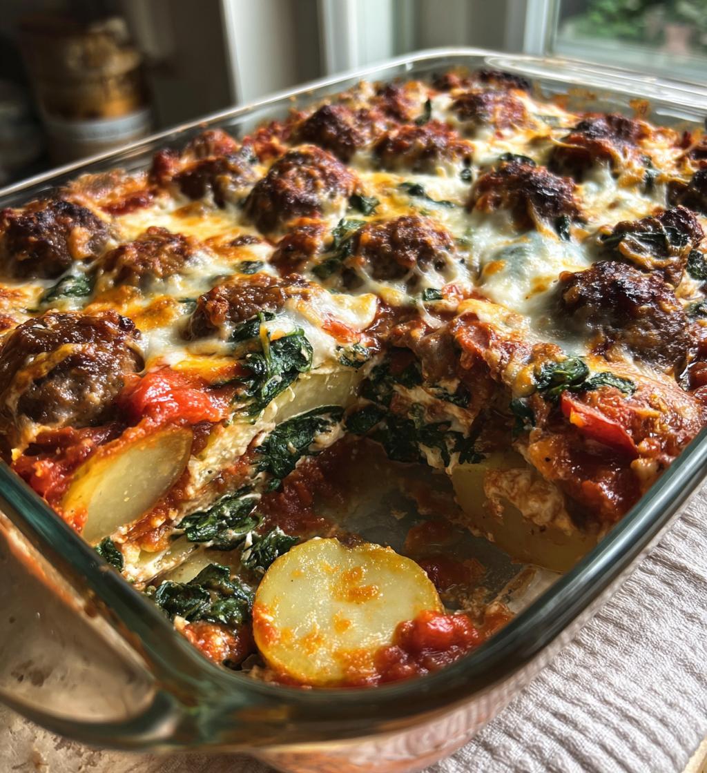 cheesy spinach meatball potato bake