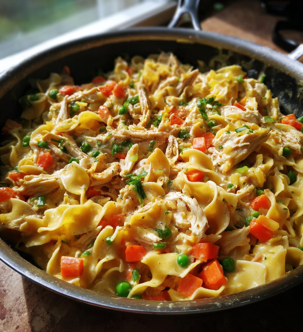 creamy chicken pot pie noodle skillet
