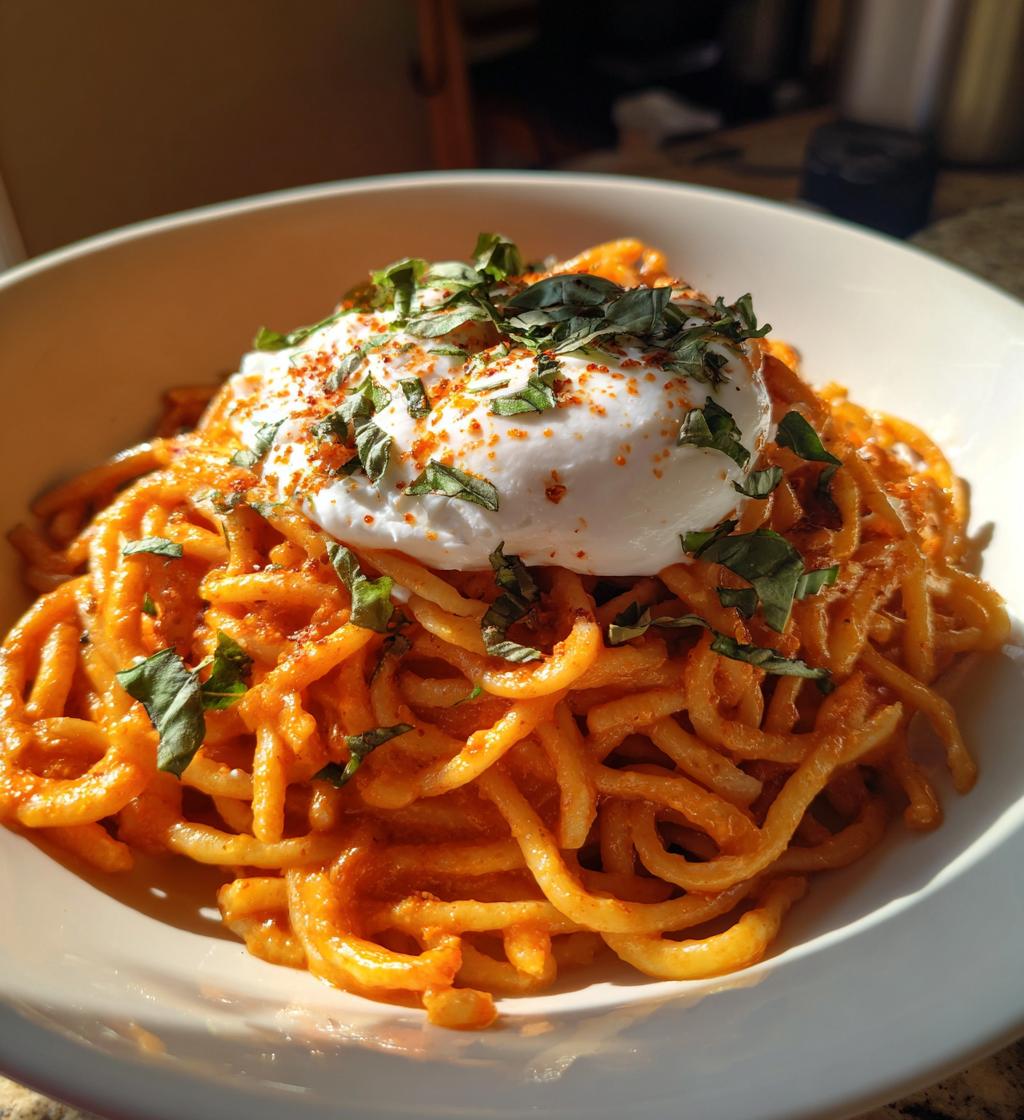 creamy red pepper pasta with burrata and herbs - detail 1