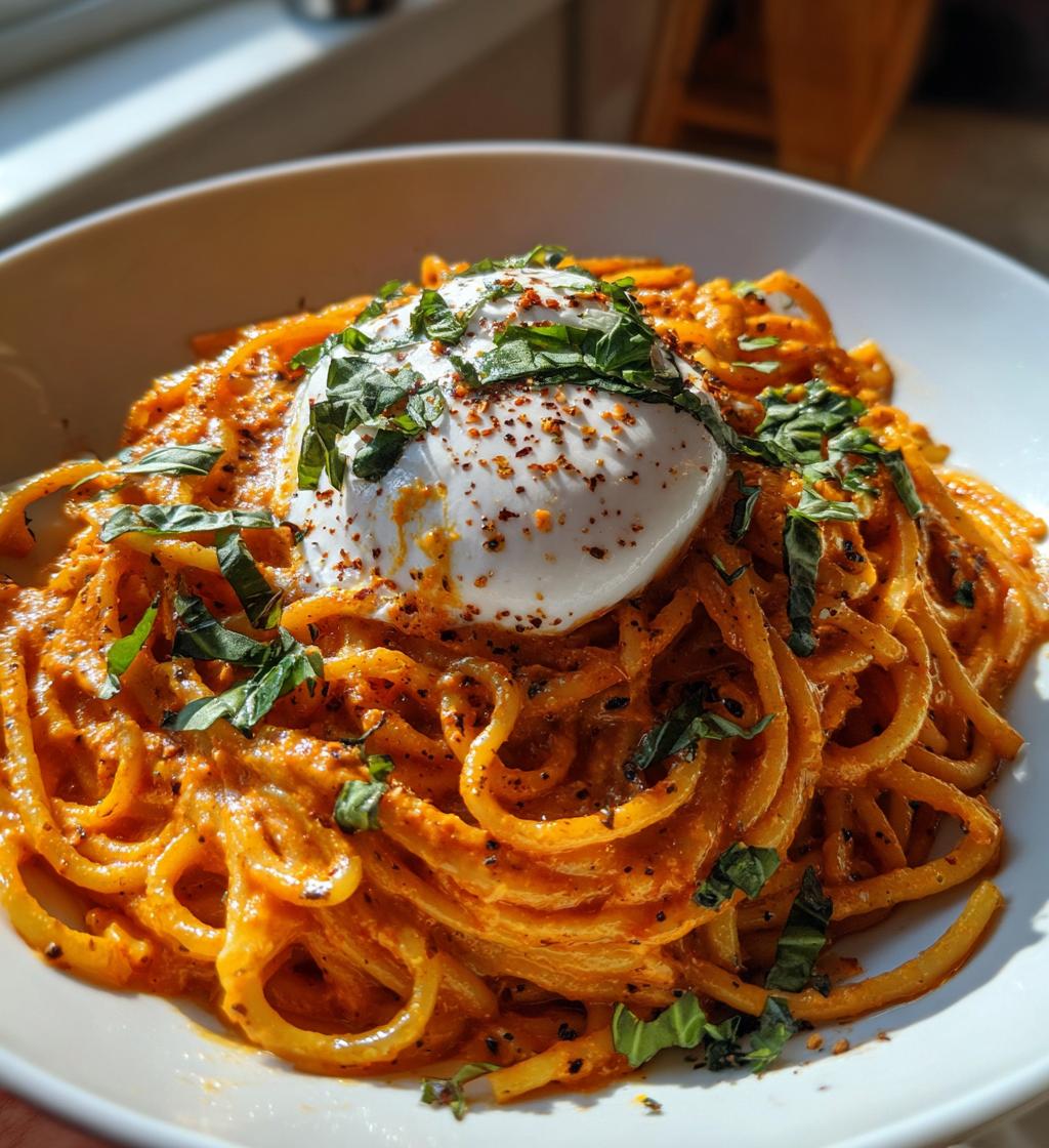 creamy red pepper pasta with burrata and herbs