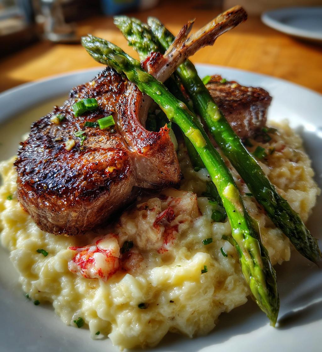 lamb chops over lobster mash with asparagus recipe