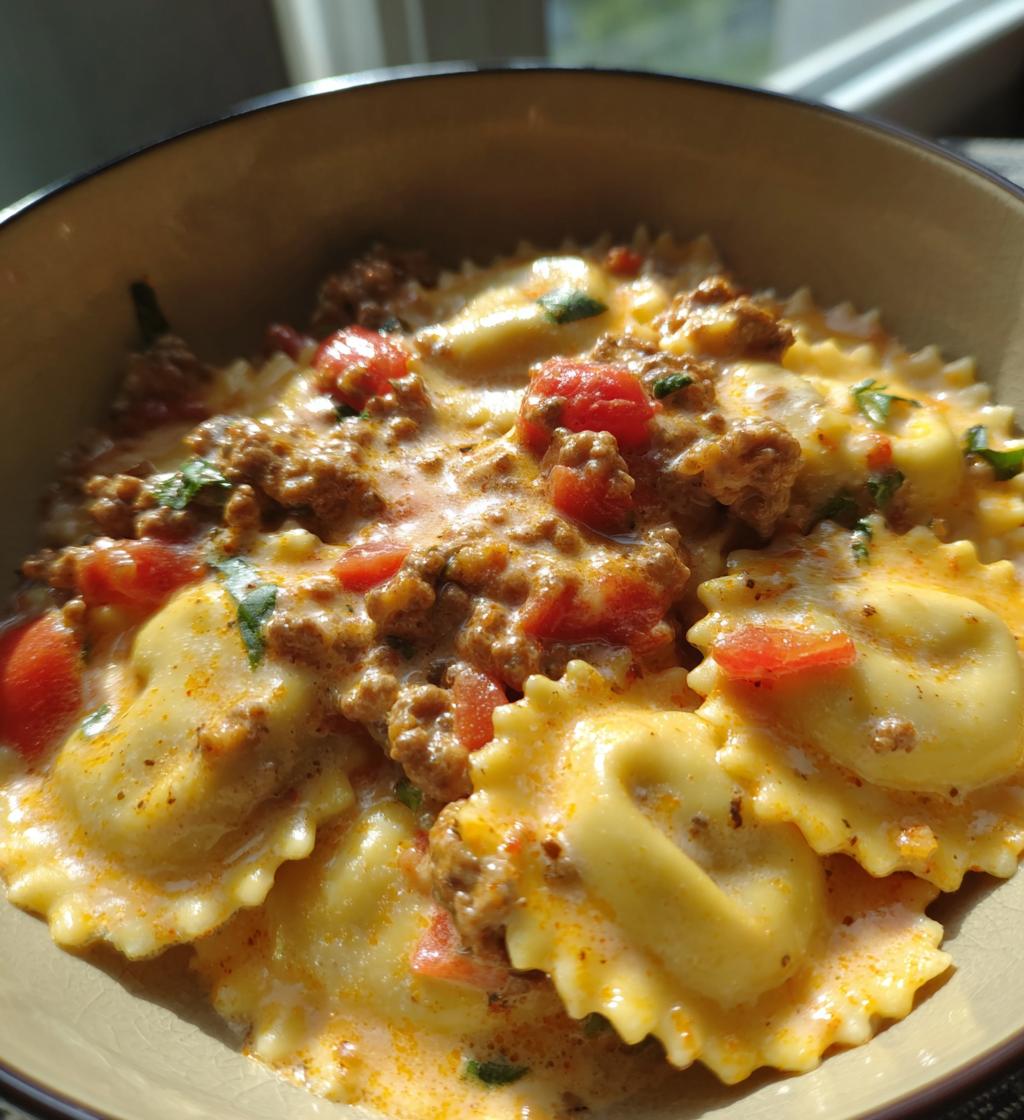 one pot ravioli in a creamy tomato beef sauce