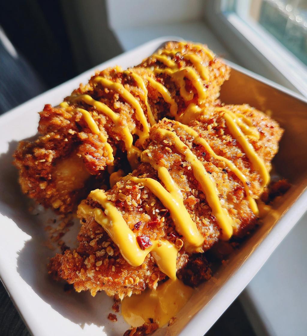 pretzel chicken with mustard cheddar sauce - detail 1