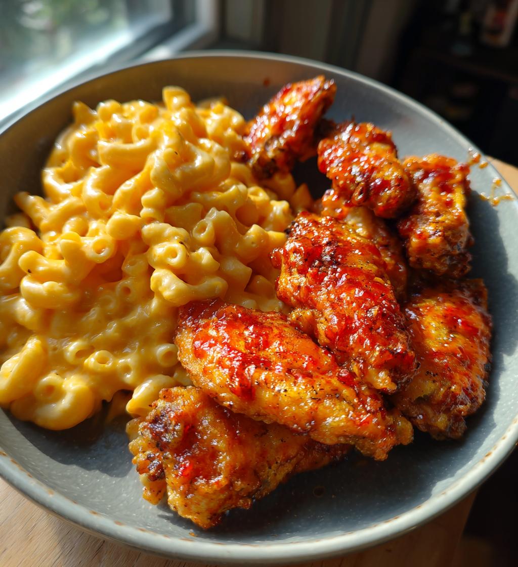 spicy hot wings and creamy mac n cheese