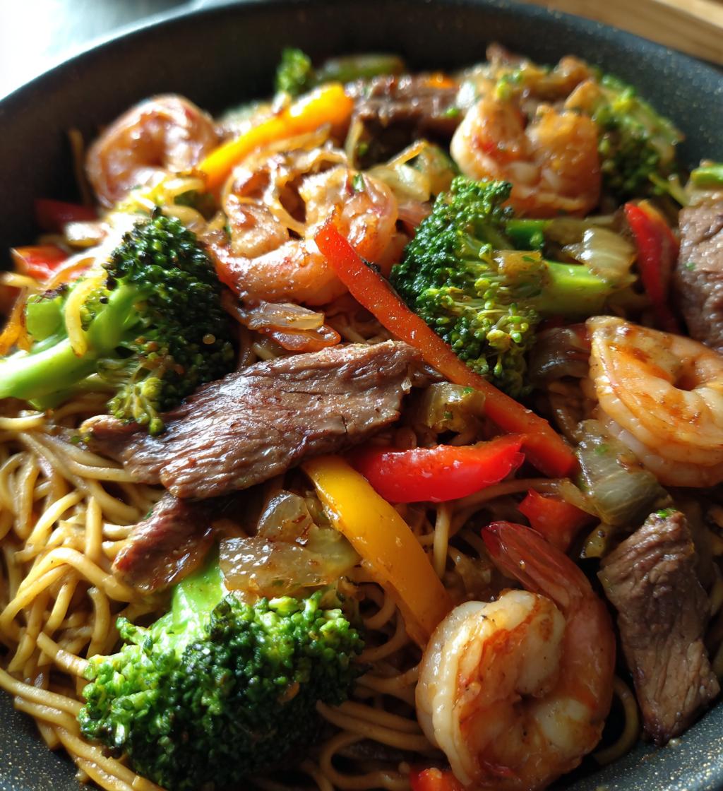 steak shrimp teriyaki noodles