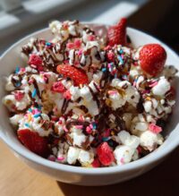 chocolate-strawberry valentine popcorn munch