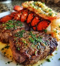 steak and lobster plating